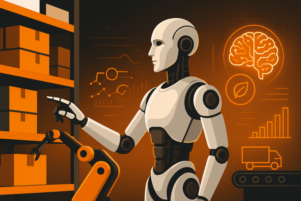 Robô operando prateleiras em armazém, com gráficos de previsão de demanda — IA aplicada à gestão de estoques.