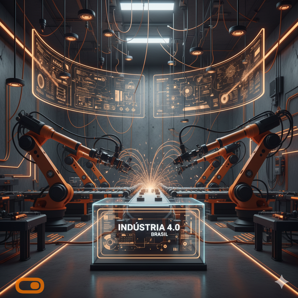 Fábrica inteligente e conectada: Indústria 4.0 no Brasil Linha de produção moderna com robôs industriais e máquinas conectadas, representando a automação e transformação digital da Indústria 4.0 no Brasil.