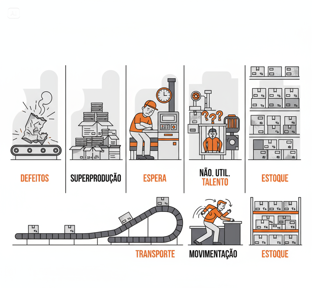 Infográfico do Lean mostrando os 7 desperdícios da produção: defeitos, superprodução, espera, não utilização de talento, estoque excessivo, transporte e movimentação desnecessária, com ícones em uma linha de fábrica.